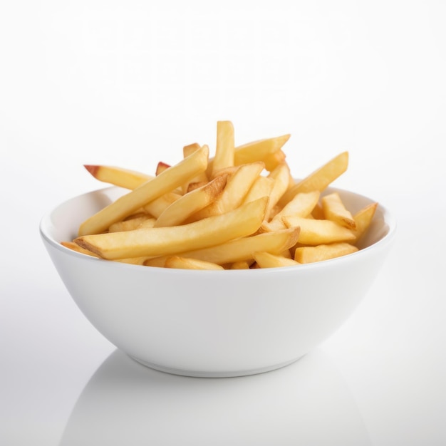 A bowl of french fries is sitting on a table.