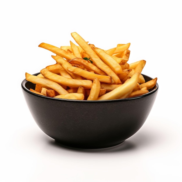 a bowl of french fries with a black bowl of fries