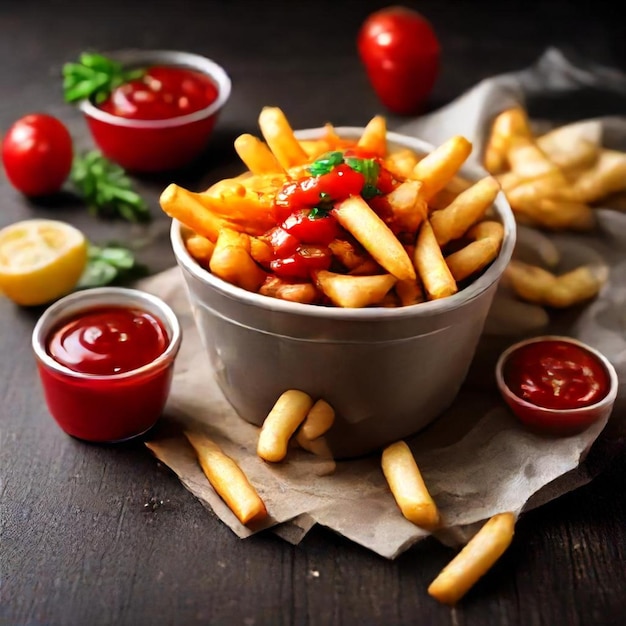 a bowl of french fries with ketchup and ketchup