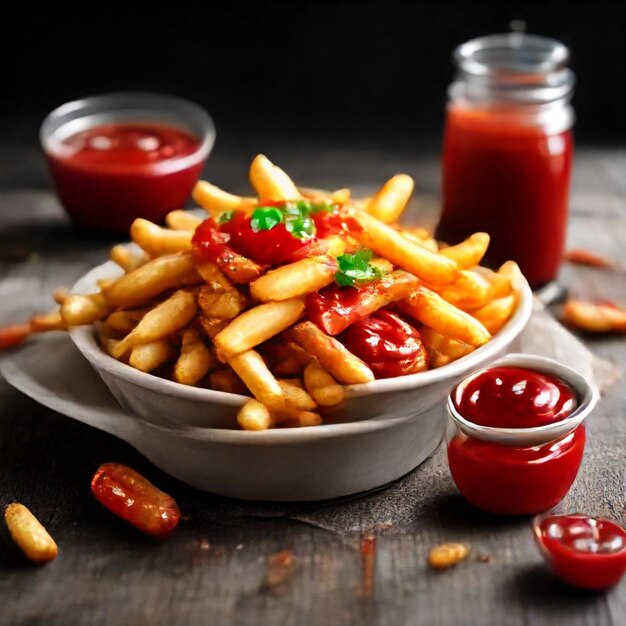 a bowl of french fries with ketchup and ketchup