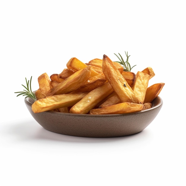 A bowl of french fries with a sprig of rosemary on the side.