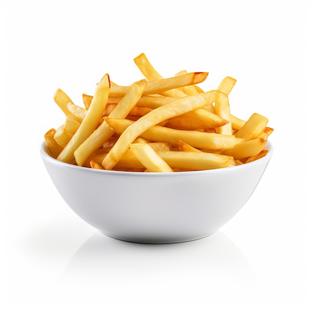 a bowl of french fries with a white bowl of french fries