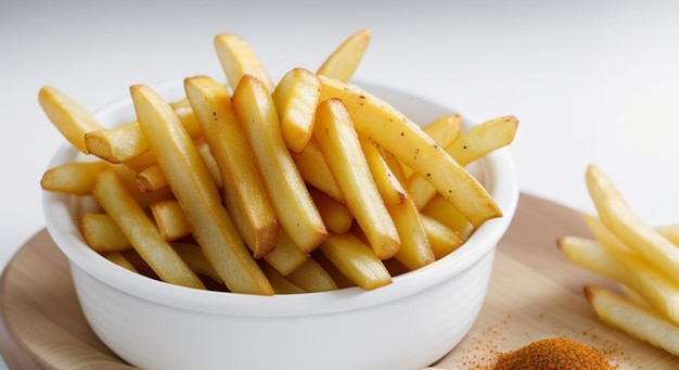 A bowl of french fries with a white bowl of french fries.