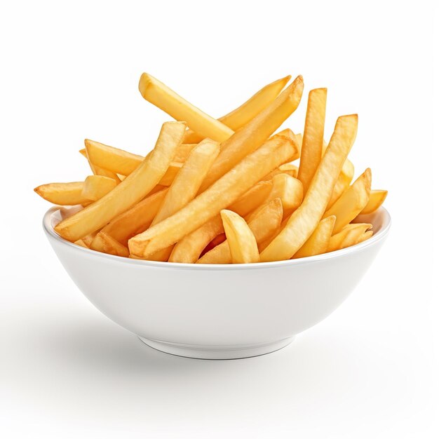 a bowl of french fries with a white bowl that says french fries