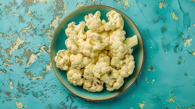 Photo a bowl of fresh cauliflower florets on a blue textured background