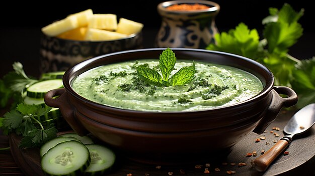 bowl of fresh cucumber soup on wooden table