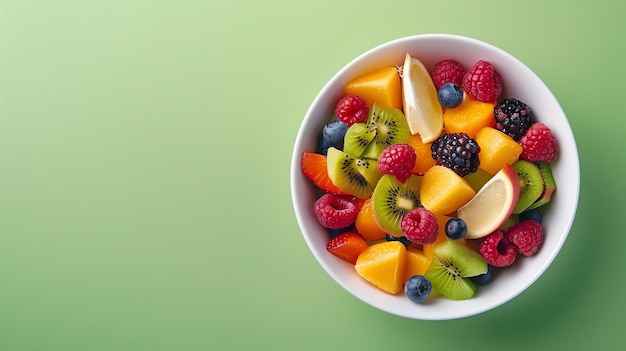 A bowl of fresh fruit salad with kiwi raspberries blackberries and blueberries