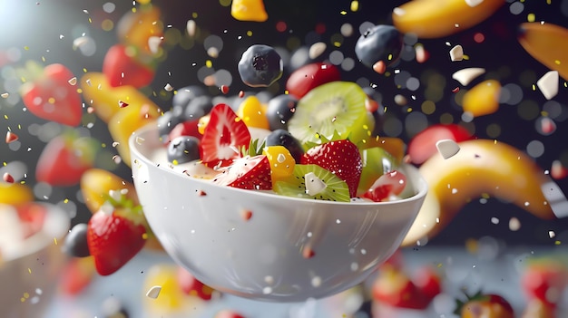 A bowl of fresh fruit salad with strawberries blueberries kiwi and mango The fruit is arranged in a colorful and appealing way