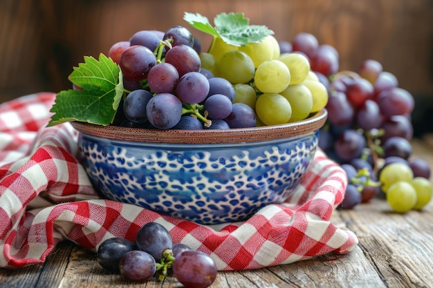 Photo bowl of fresh grapes on a red and white checkered tablecloth