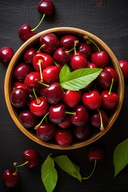 Bowl of Fresh and Juicy Bing Cherries with Leaves on White Background for Copy Space Healthy