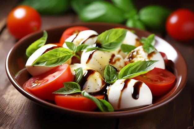 A bowl of fresh mozzarella and tomato salad with basil leaves on a wooden table.