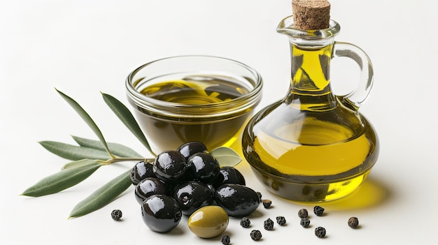 Bowl of fresh olive oil and olives with leaves isolated on a white background Gourmet presentation