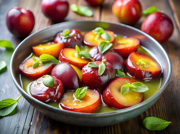 Photo a bowl of fresh plums and mint leaves perfect for a summer dessert