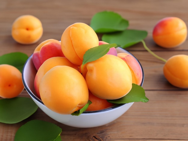 bowl of fresh ripe apricots with leaves on a wooden table