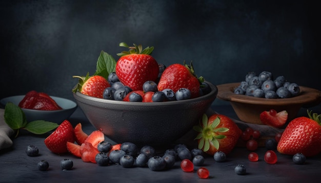 A bowl of fresh ripe berry dessert generated by AI