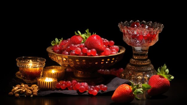 A bowl of fresh strawberries sits next to a lit candle and assorted nuts