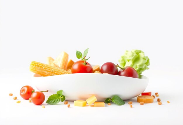 Photo a bowl of fresh vegetables and cheese on a white background