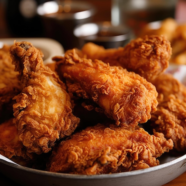 A bowl of fried chicken is on a table.