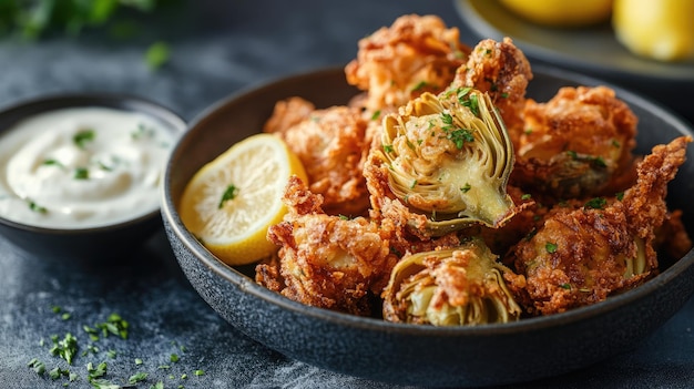 Photo a bowl of fried chicken with lemon and lemon on a table