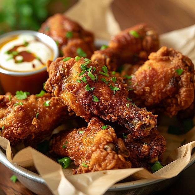 a bowl of fried chicken with a side of ketchup and a cup of ketchup