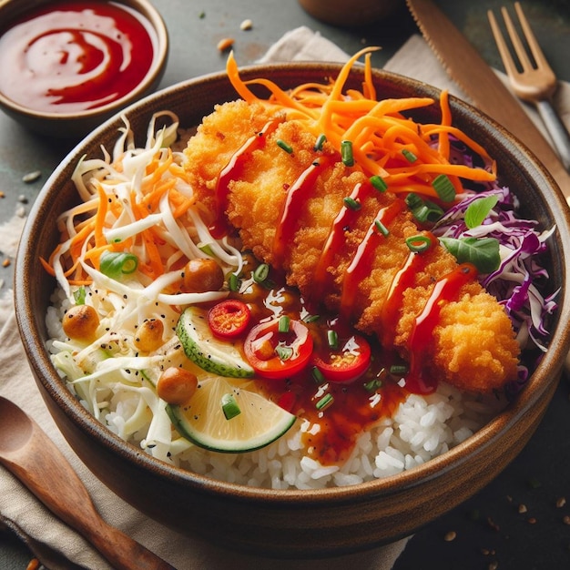 a bowl of fried fish with vegetables and rice