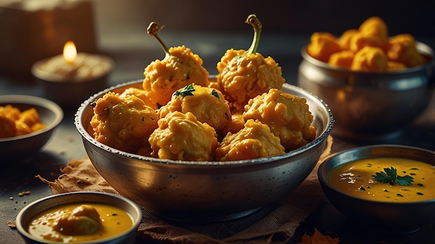 a bowl of fried food with a yellow sauce and some other dishes