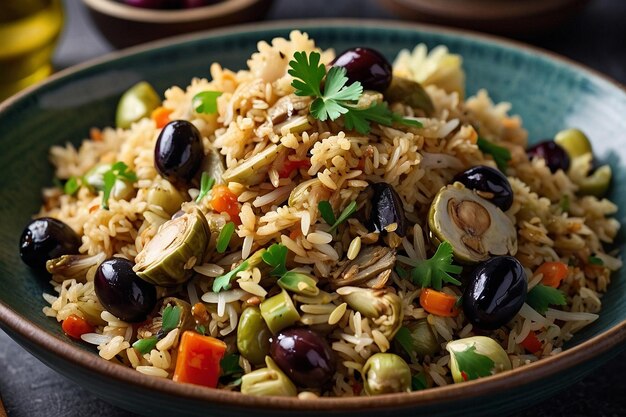 A bowl of fried rice with artichoke hearts and olives