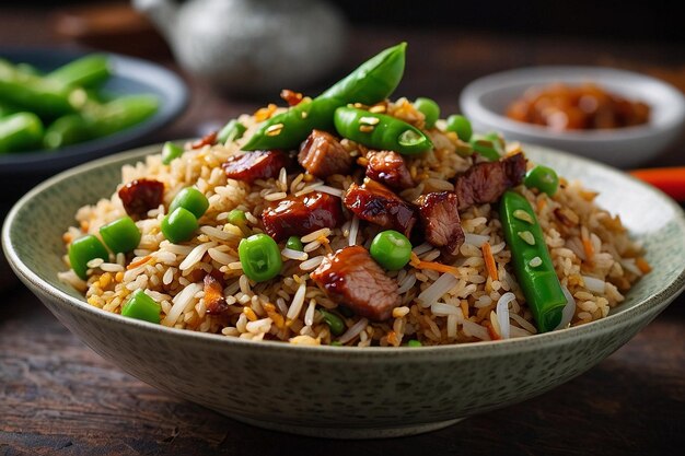 A bowl of fried rice with BBQ pork and snap peas