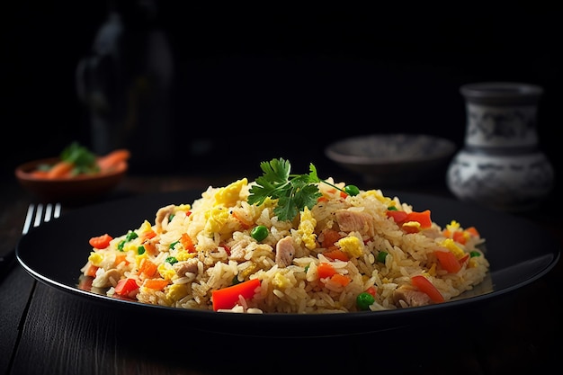 A bowl of fried rice with a bowl of vegetables on the side