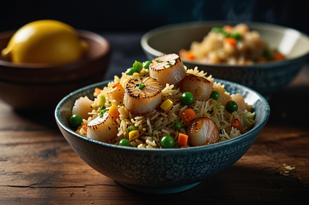 A bowl of fried rice with scallops and lemon zest