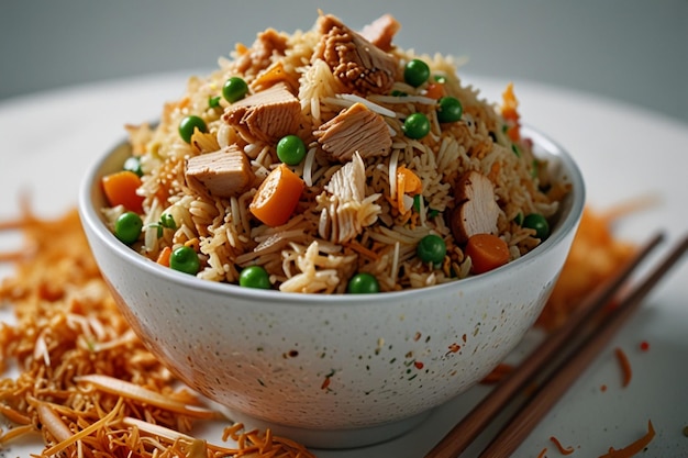 A bowl of fried rice with shredded chicken on a white surface