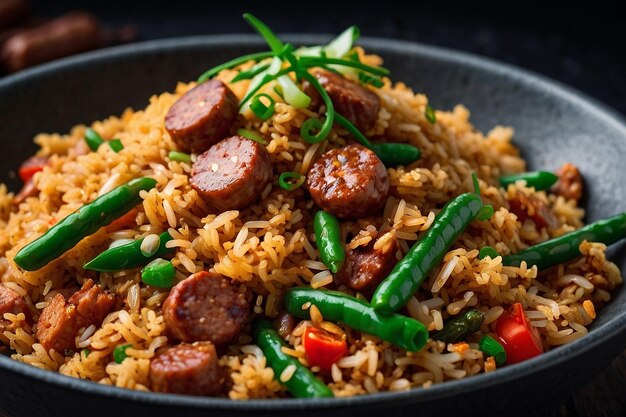 A bowl of fried rice with spicy sausage and green beans