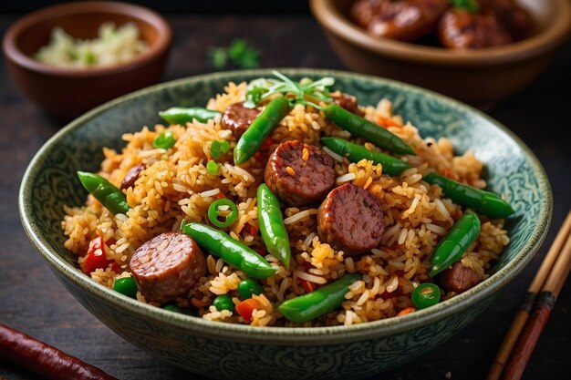 A bowl of fried rice with spicy sausage and green beans