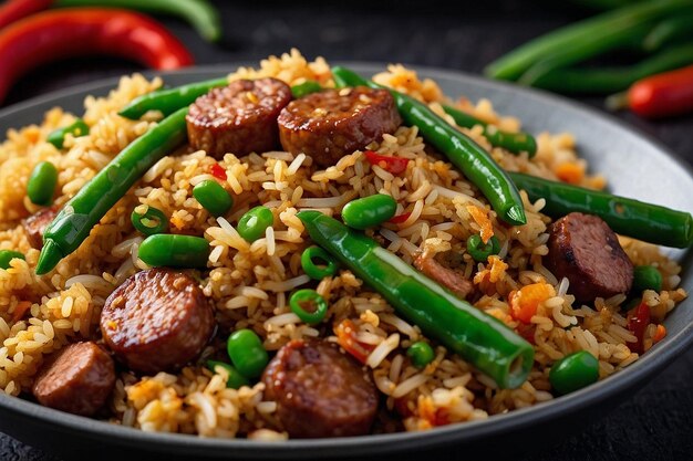 A bowl of fried rice with spicy sausage and green beans