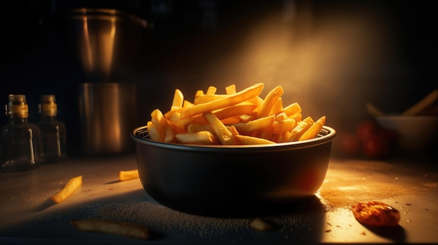 A bowl of fries is shown with a smoke rising from the top.