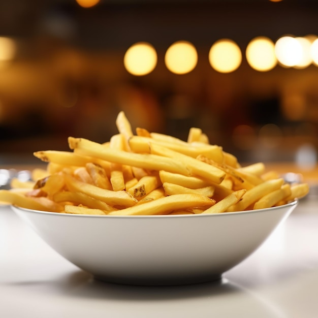 A bowl of fries is on a table with a blurry background.