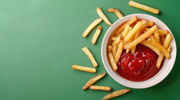 Photo bowl of fries with ketchup on green background