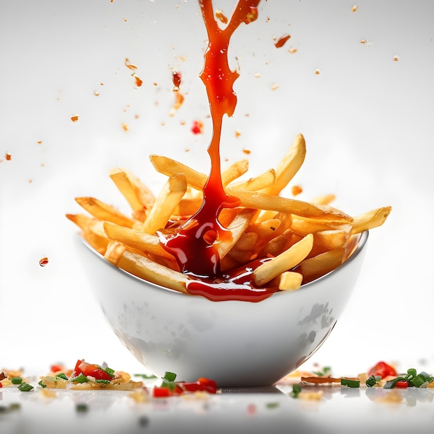 A bowl of fries with ketchup