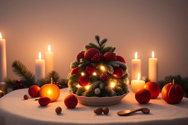 a bowl of fruit and candles with a wreath of christmas lights around it