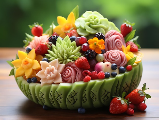 a bowl of fruit and flowers with a cute face on the top