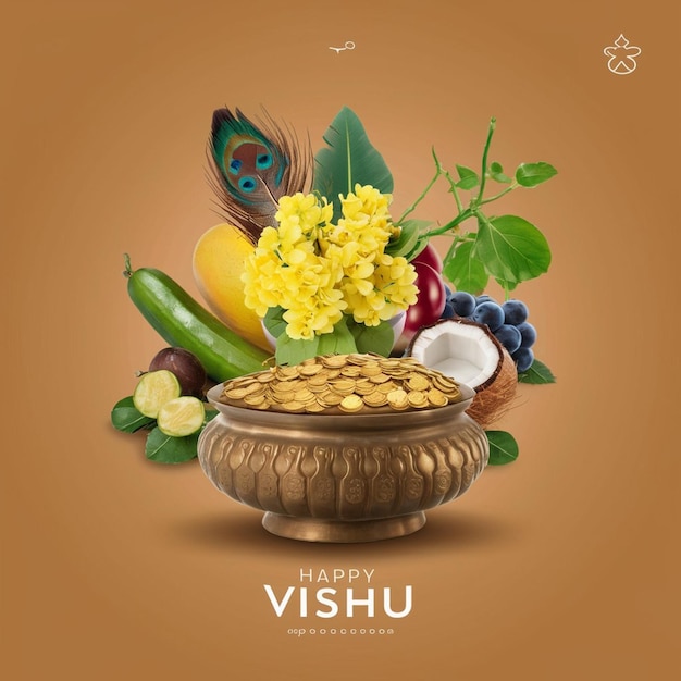 Photo a bowl of fruit and flowers with a picture of a flower vishu social media poster