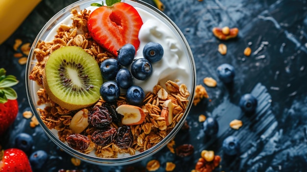 A bowl of fruit and granola with blueberries and strawberries