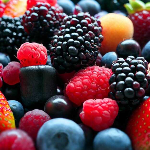 A bowl of fruit including blackberries, raspberries, and peaches.