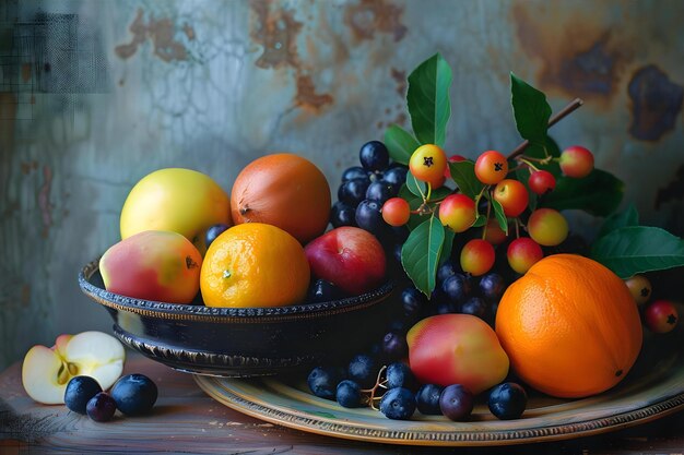 Photo a bowl of fruit including a bunch of fruit on a table