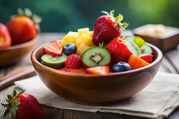 Photo a bowl of fruit including strawberries, kiwi, and kiwi.