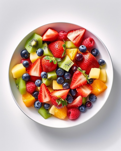 A bowl of fruit including strawberries, strawberries, and blueberries.