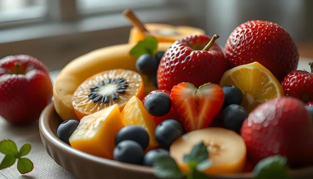 a bowl of fruit including strawberries strawberries and kiwi