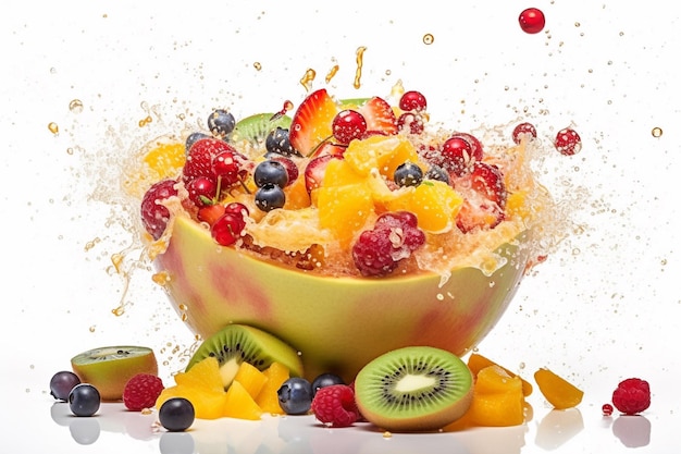 A bowl of fruit is filled with water and the word fruit is on the side.