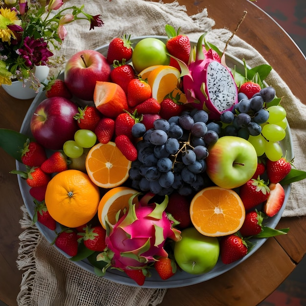 a bowl of fruit is full of fruit and flowers