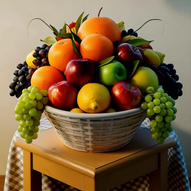 a bowl of fruit is on a table with a basket of fruit